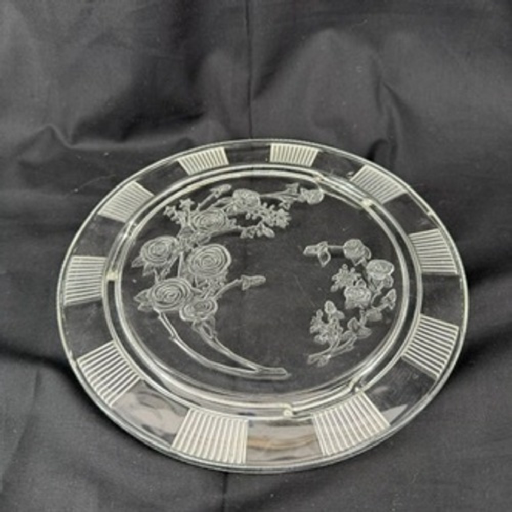 Vintage Clear Glass 3 Footed Cake Plate Rose Floral Embossed Ribbed 12 Inch